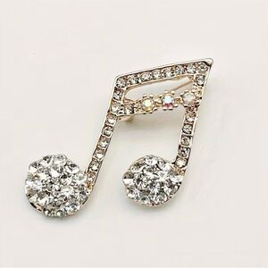 Crystal Music Note Pin Brooch - Gold Tone